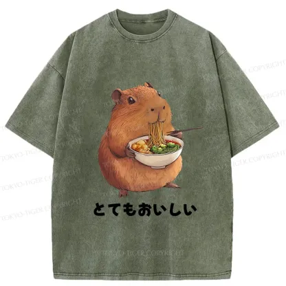 Tokyo-Tiger Capybara Eating Japanese Ramen Washed T-Shirt