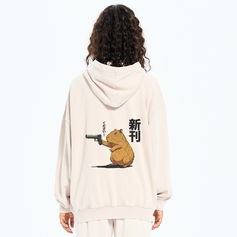 Tokyo-Tiger Capybara Holding A Gun Washed Zip Hoodie