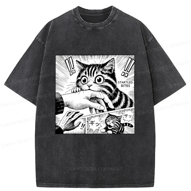 Tokyo-Tiger Cat Biting Funny Washed T-Shirt