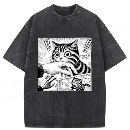 Tokyo-Tiger Cat Biting Funny Washed T-Shirt