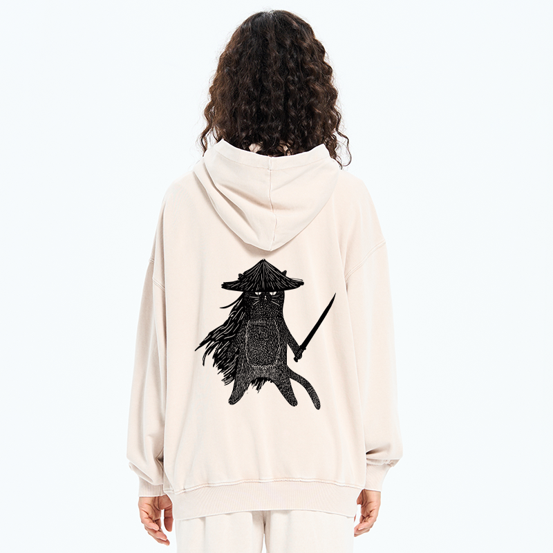 Tokyo-Tiger Japanese Samurai Cat Washed Zip Hoodie