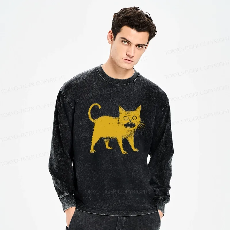 Tokyo-Tiger Horrible Japanese Cat Washed Long Sleeve T-Shirt