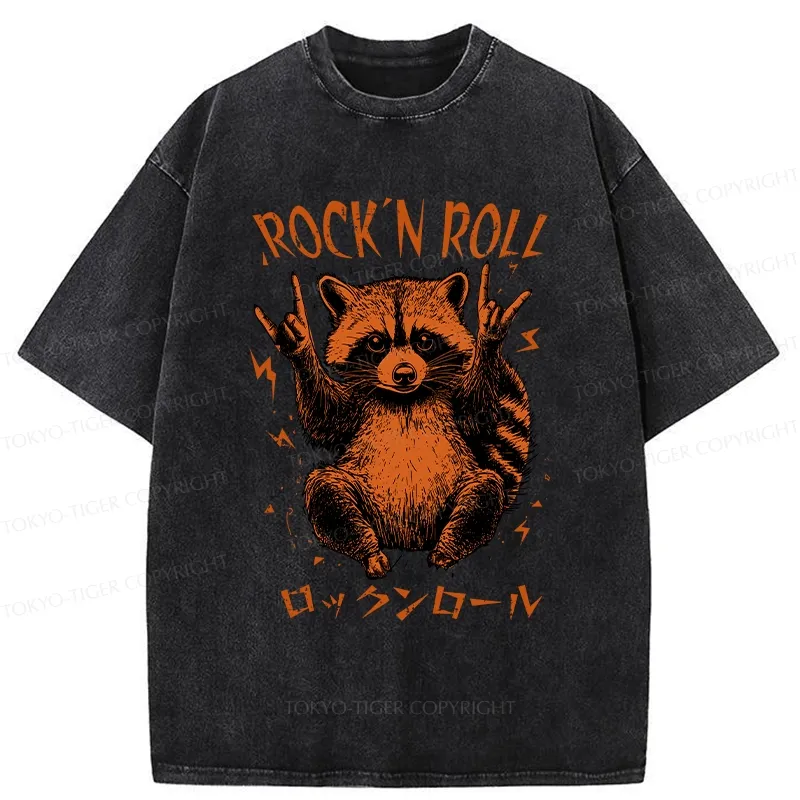 Tokyo-Tiger Funny Raccoon Rock And Roll Washed T-Shirt