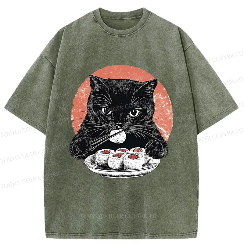 Tokyo-Tiger Cat Eating Delicious Sushi Washed T-Shirt