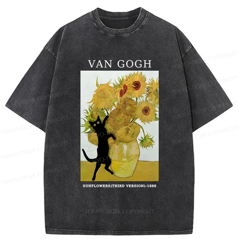 Tokyo-Tiger Cat Plays With Sunflowers Washed T-Shirt
