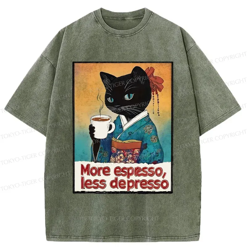 Tokyo-Tiger Japanese Cat Drinking Espresso Washed T-Shirt