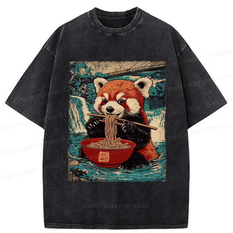 Tokyo-Tiger Ramen Lover Red Panda Washed T-Shirt Sale