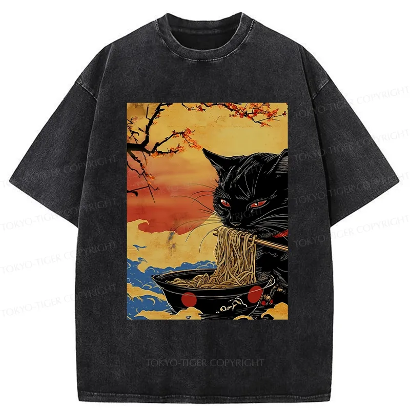 Tokyo-Tiger Cat Eating Ramen In The Sunset Washed T-Shirt