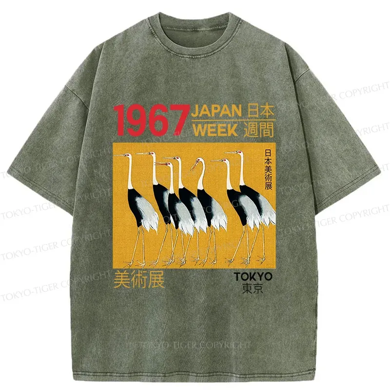 Tokyo-Tiger Japanese Crane Art Washed T-Shirt
