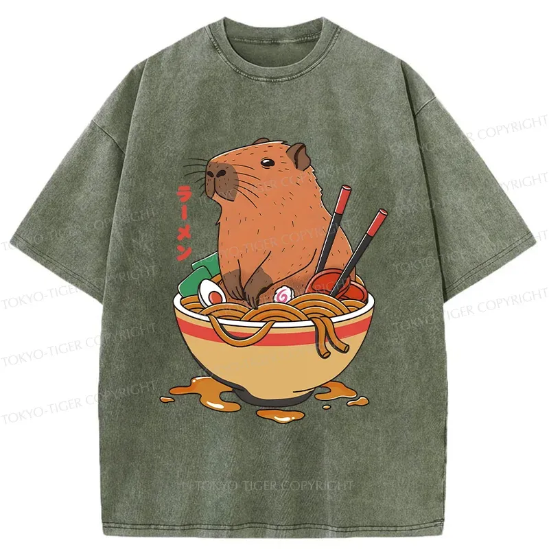 Tokyo-Tiger Capybara Ramen Funny Washed T-Shirt
