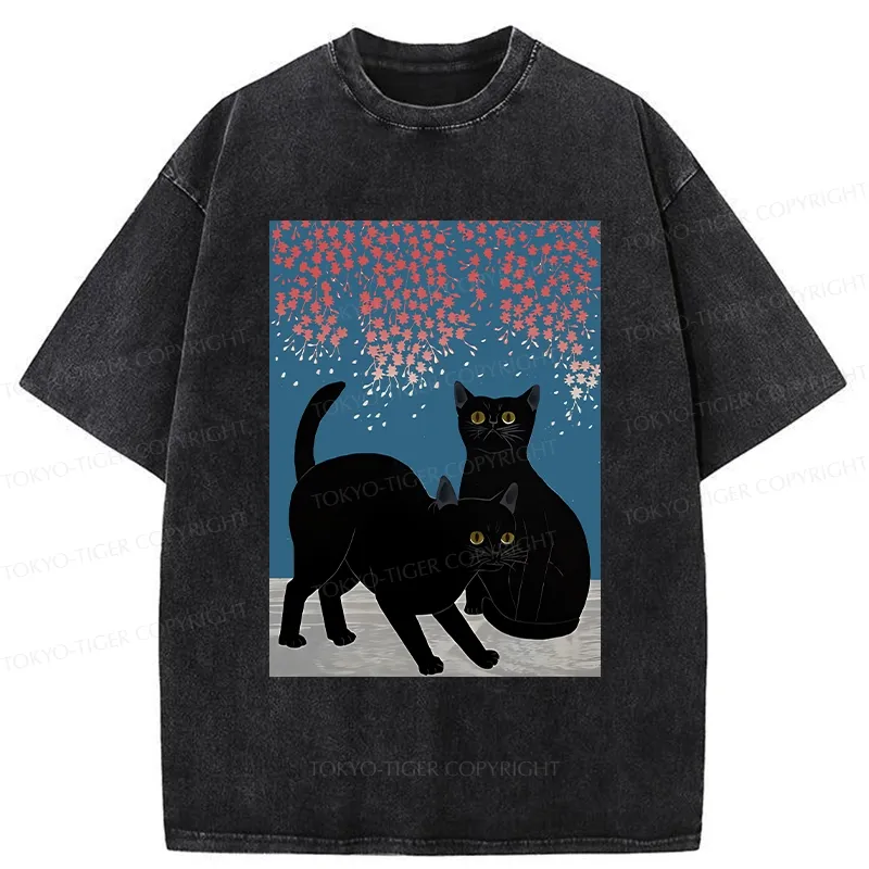 Tokyo-Tiger Black Cat Under The Sakura Washed T-Shirt Sale