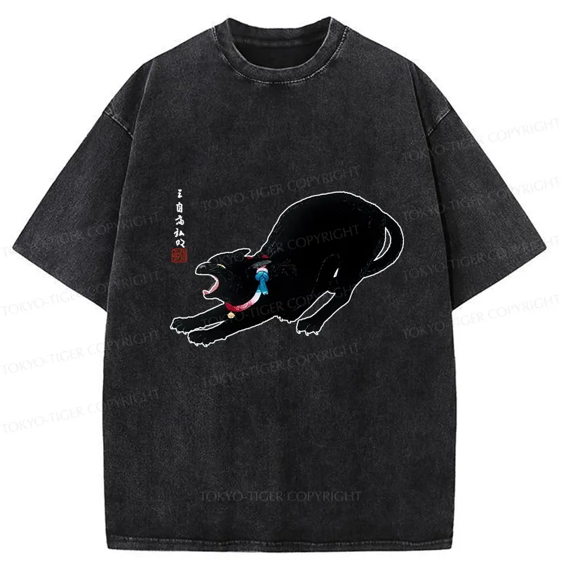 Tokyo-Tiger Cat Stretching Washed T-Shirt