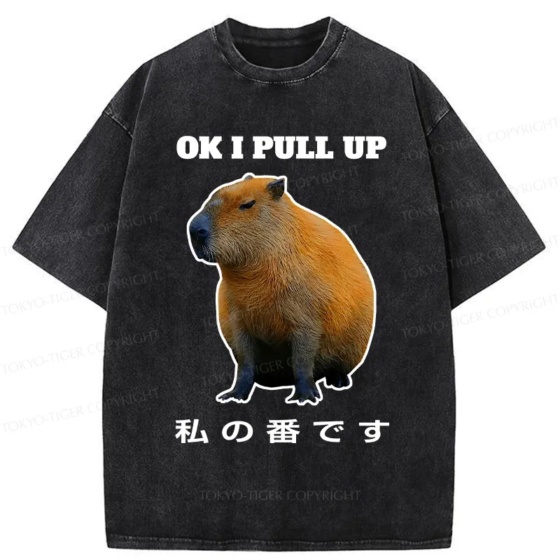 Tokyo-Tiger Ok I Pull Up Funny Capybara Washed T-Shirt