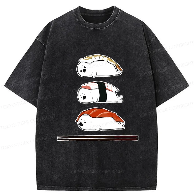 Tokyo-Tiger Cute Seal Sushi Washed T-Shirt