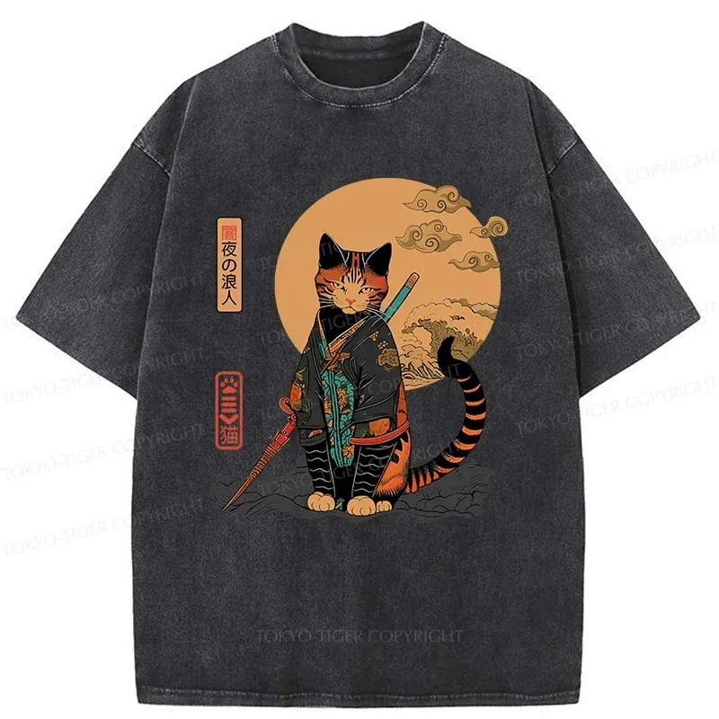 Tokyo-Tiger Retro Cat Samurai Washed T-Shirt