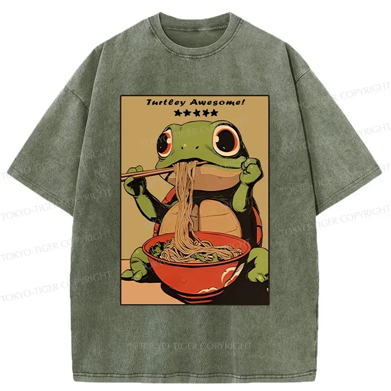 Tokyo-Tiger Turtle Eating Ramen Washed T-Shirt