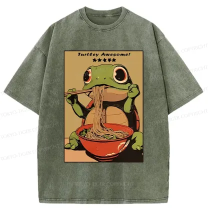 Tokyo-Tiger Turtle Eating Ramen Washed T-Shirt