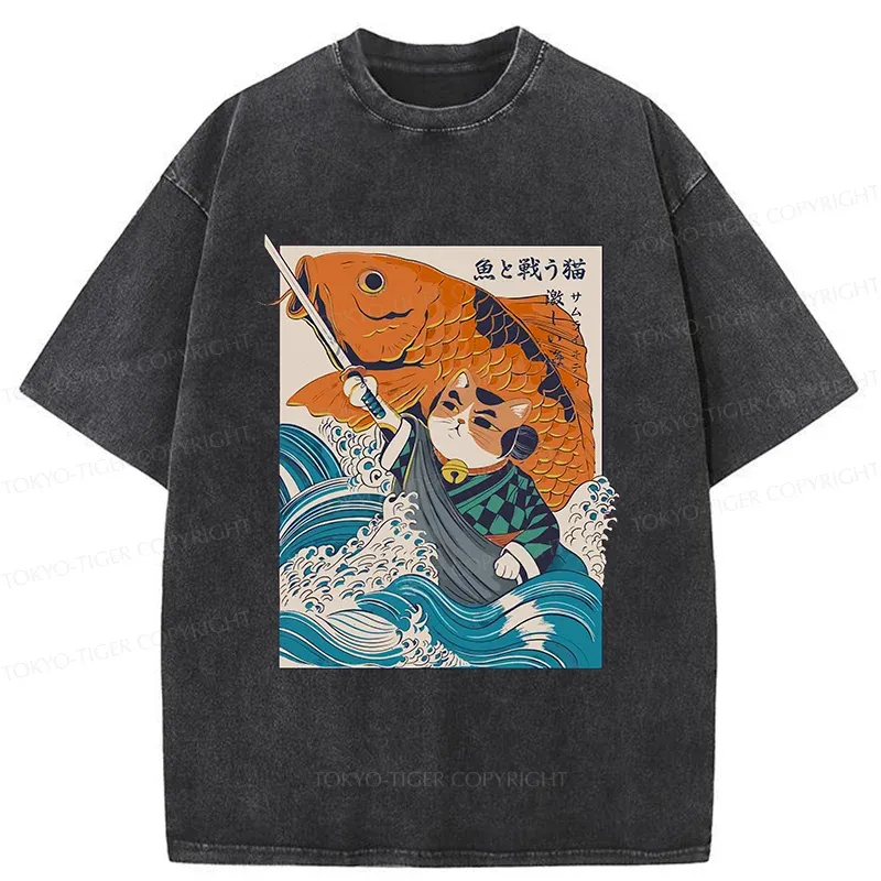 Tokyo-Tiger Samurai Cat And Goldfish Washed T-Shirt