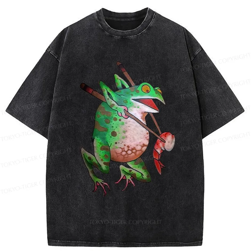 Tokyo-Tiger Funny Frog Picking Up Shrimp Washed T-Shirt