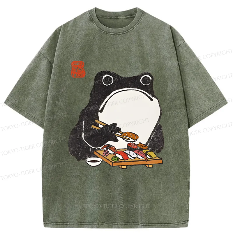 Tokyo-Tiger Frog Eating Sushi Washed T-Shirt