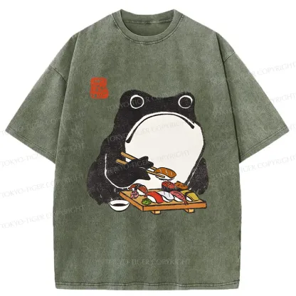 Tokyo-Tiger Frog Eating Sushi Washed T-Shirt
