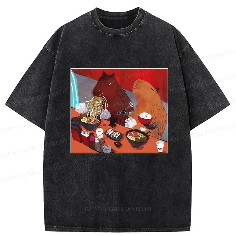 Tokyo-Tiger Ramen Lovers Capybara Funny Washed T-Shirt Sale