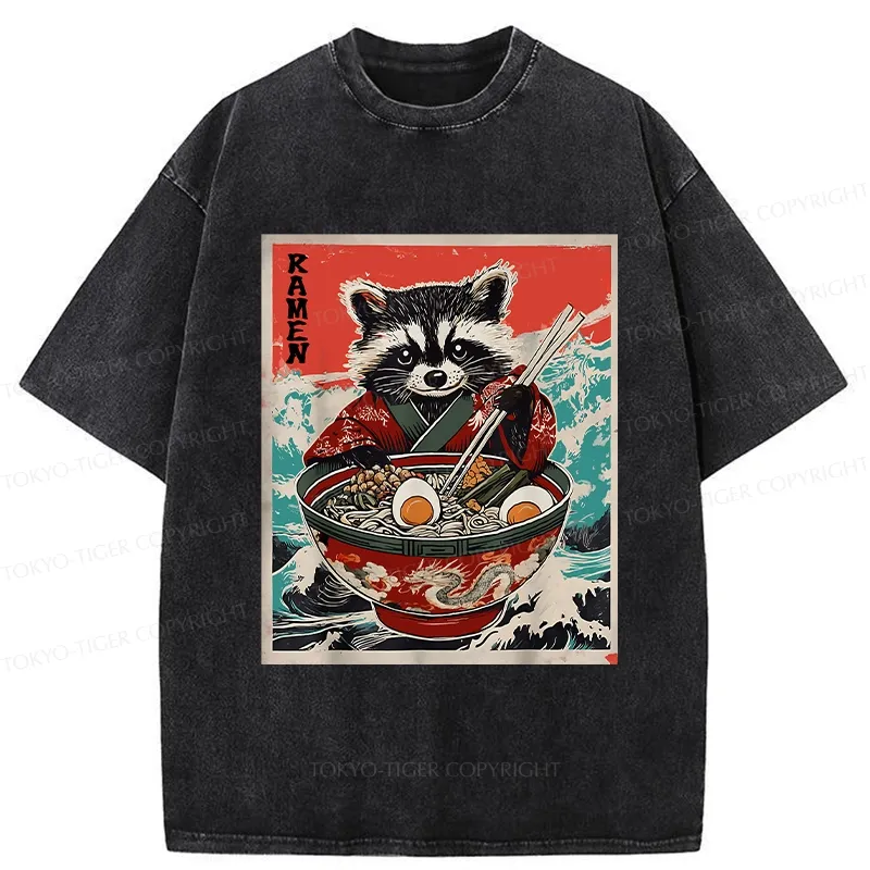 Tokyo-Tiger Ramen-loving Raccoon Washed T-Shirt