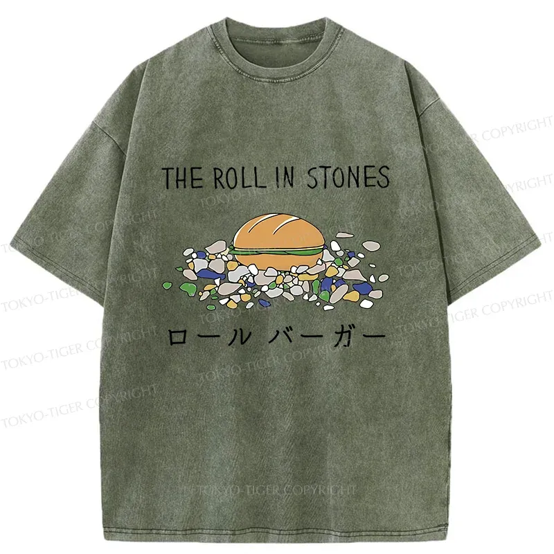 Tokyo-Tiger Rolling Hamburger Funny Washed T-Shirt
