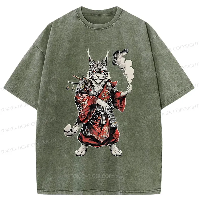 Tokyo-Tiger Fierce Cat Japanese Samurai Washed T-Shirt