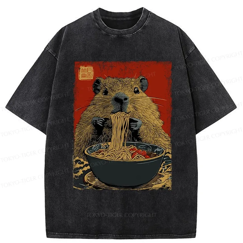 Tokyo-Tiger Capybara Ramen Lover Washed T-Shirt Sale