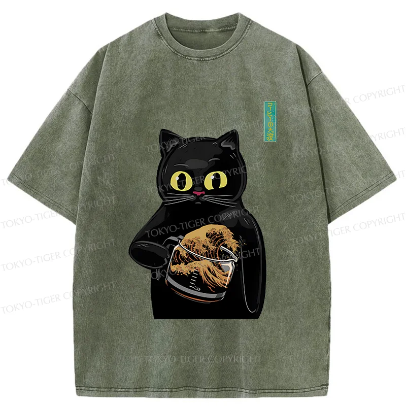 Tokyo-Tiger Black Cat Holding Coffee Washed T-Shirt
