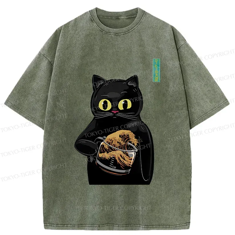 Tokyo-Tiger Black Cat Holding Coffee Washed T-Shirt