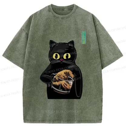 Tokyo-Tiger Black Cat Holding Coffee Washed T-Shirt