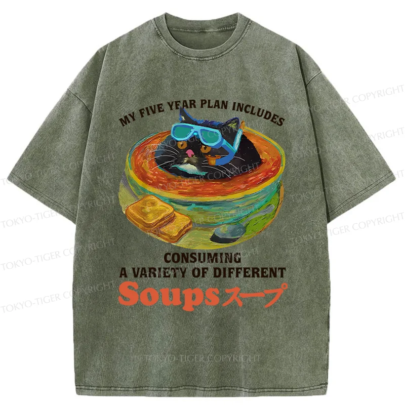 Tokyo-Tiger Cat Drinking Soup Washed T-Shirt