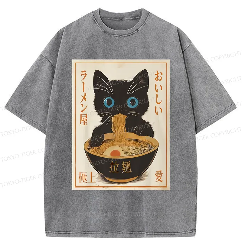 Tokyo-Tiger Vintage Cat Eating Ramen Washed T-Shirt