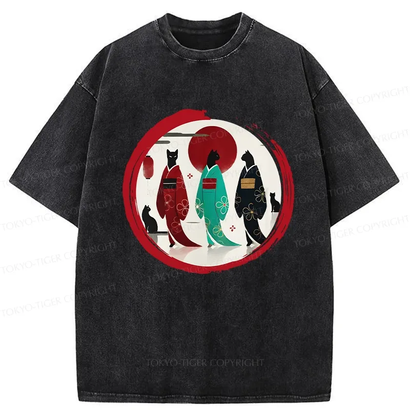 Tokyo-Tiger Black Cat Geisha Washed T-Shirt