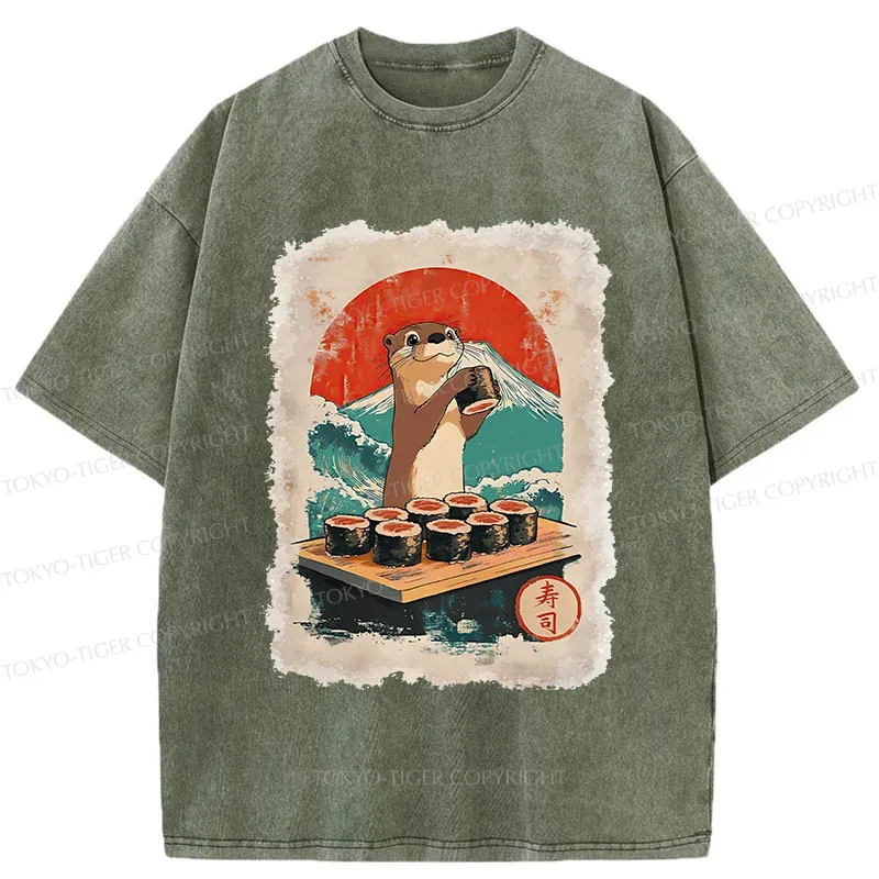 Tokyo-Tiger Otter Eating Sushi Washed T-Shirt