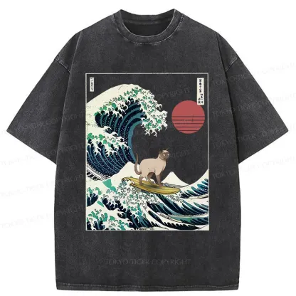 Tokyo-Tiger Siamese Cat Surfing Washed T-Shirt