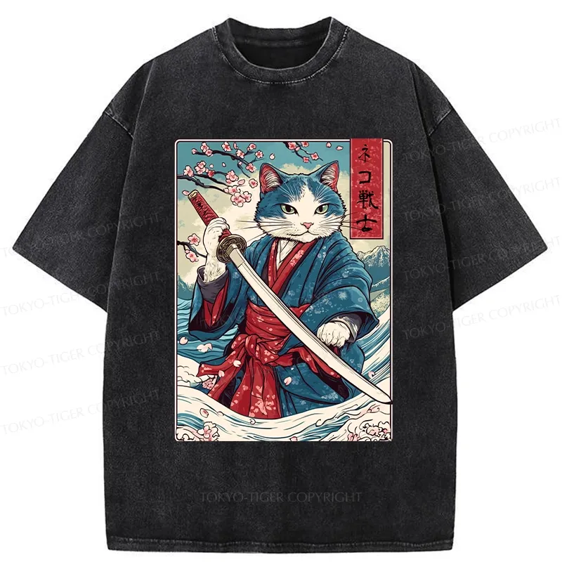 Tokyo-Tiger Japanese Cat Samurai Washed T-Shirt Sale