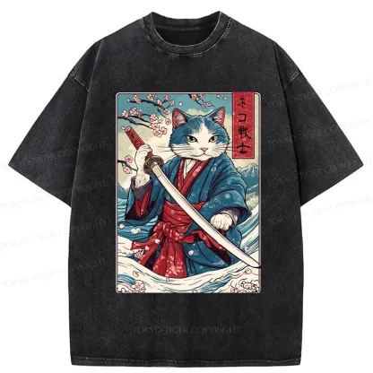 Tokyo-Tiger Japanese Cat Samurai Washed T-Shirt