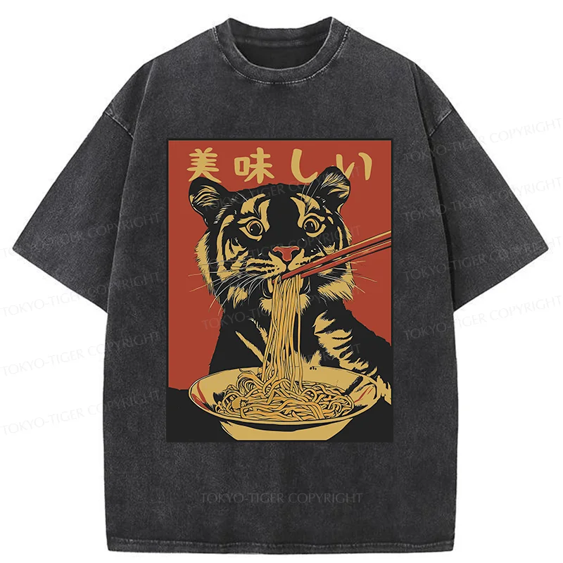 Tokyo-Tiger Tiger Eating Delicious Ramen Washed T-Shirt