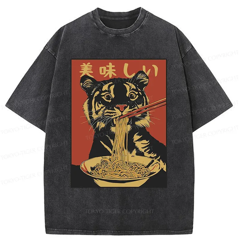 Tokyo-Tiger Tiger Eating Delicious Ramen Washed T-Shirt