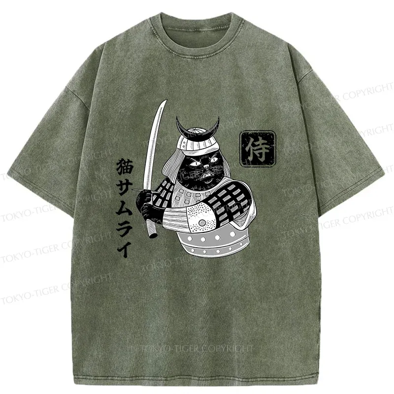 Tokyo-Tiger Cat Samurai With Sword Washed T-Shirt