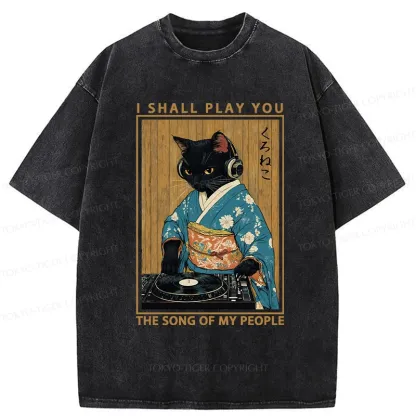 Tokyo-Tiger Funny Playing Music Black Cat Washed T-Shirt
