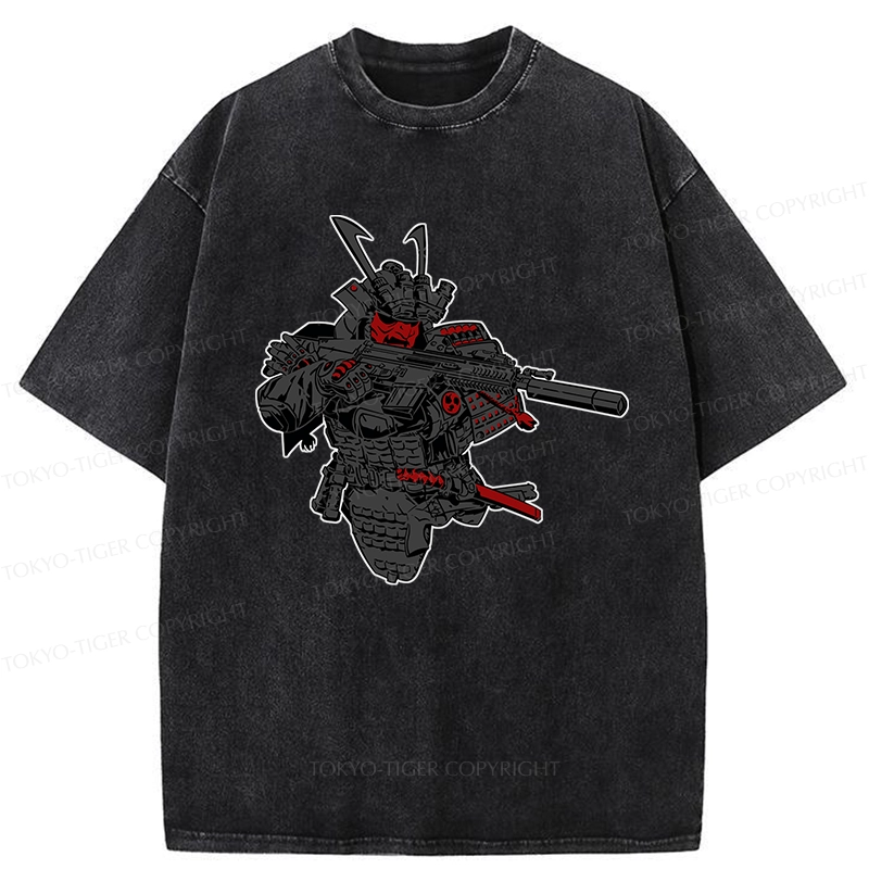 Tokyo-Tiger Samurai Holding A Gun Washed T-Shirt