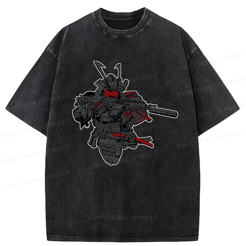Tokyo-Tiger Samurai Holding A Gun Washed T-Shirt