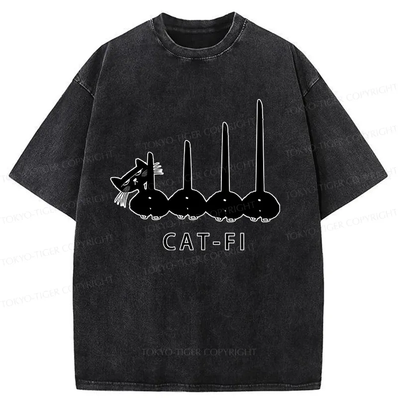 Tokyo-Tiger Funny CAT-FI Washed T-Shirt