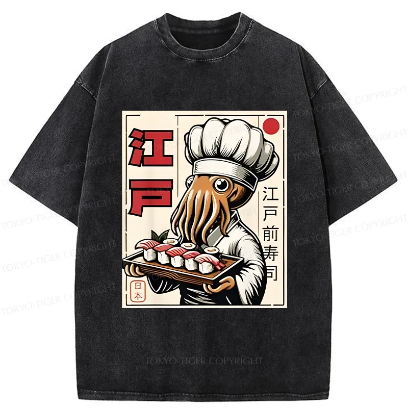 Tokyo-Tiger Octopus Chef Making Sushi Washed T-Shirt
