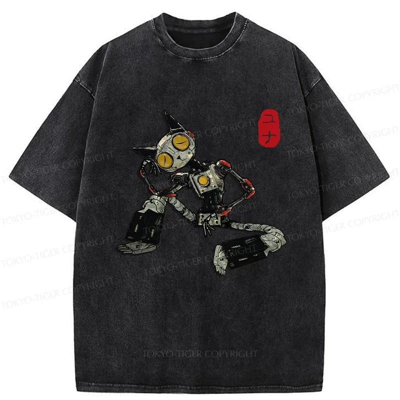 Tokyo-Tiger Contemplative Robot Cat Washed T-Shirt
