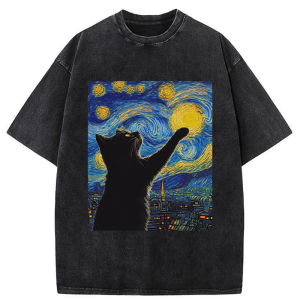 Image of Tokyo-Tiger Black Cat Touch The Moon Washed T-Shirt